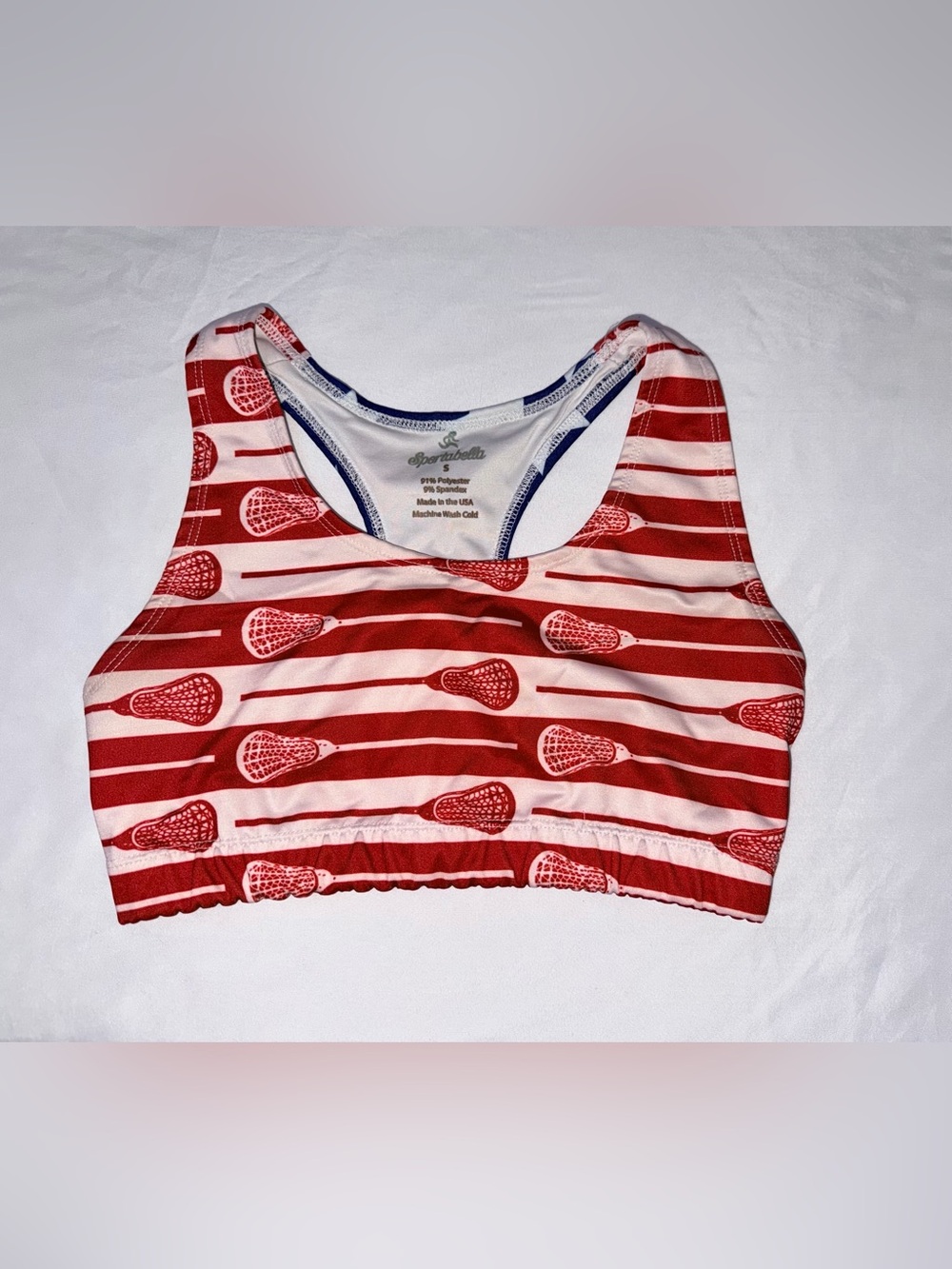 Small Sportabella Red White and Blue American Flag Lacrosse Stripe Sports Bra